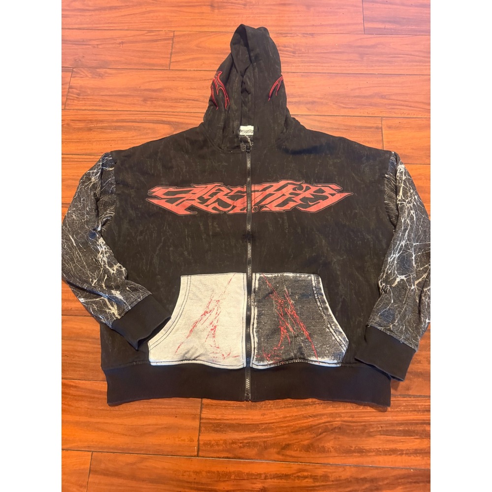 Slasher City Nightmare Zip Up Hoodie Black Mineral Wash Graphic Streetwear SZ M